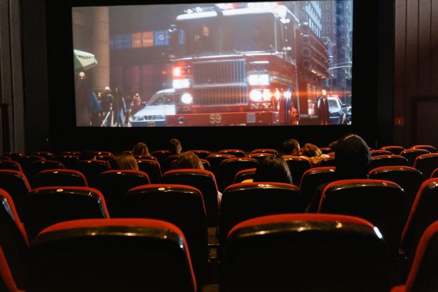 Público sentado em uma sala de cinema enquanto assiste a um filme projetado em uma grande tela.